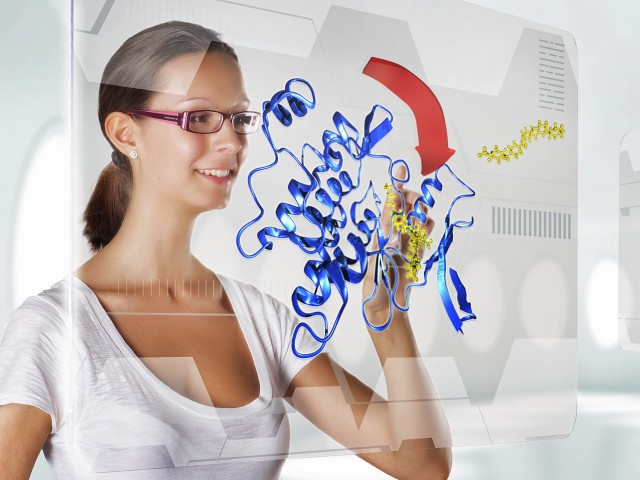 Das Assistenzsystem names „Drug Target Inspector“ hilft Medizinern dabei, diejenigen pharmazeutischen Wirkstoffe (gelb) auszuwählen, die tumorspezifische Zielmoleküle (blau) attackieren.